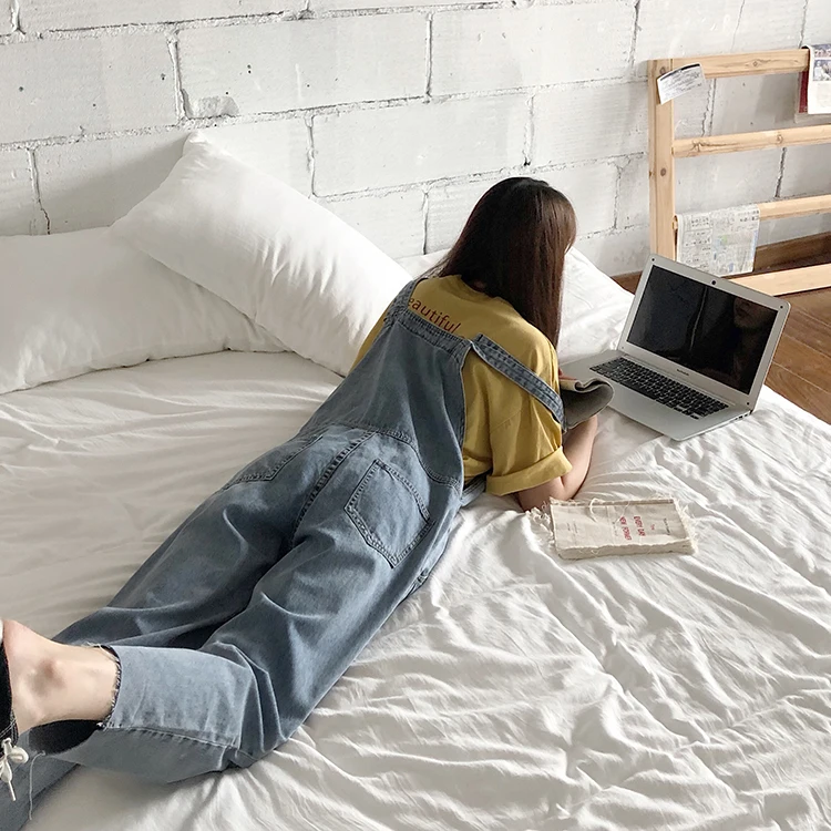 Pengpious/Летний мягкий хлопковый джинсовый комбинезон для девочек, свободные джинсы на подтяжках, длинные тонкие летние женские