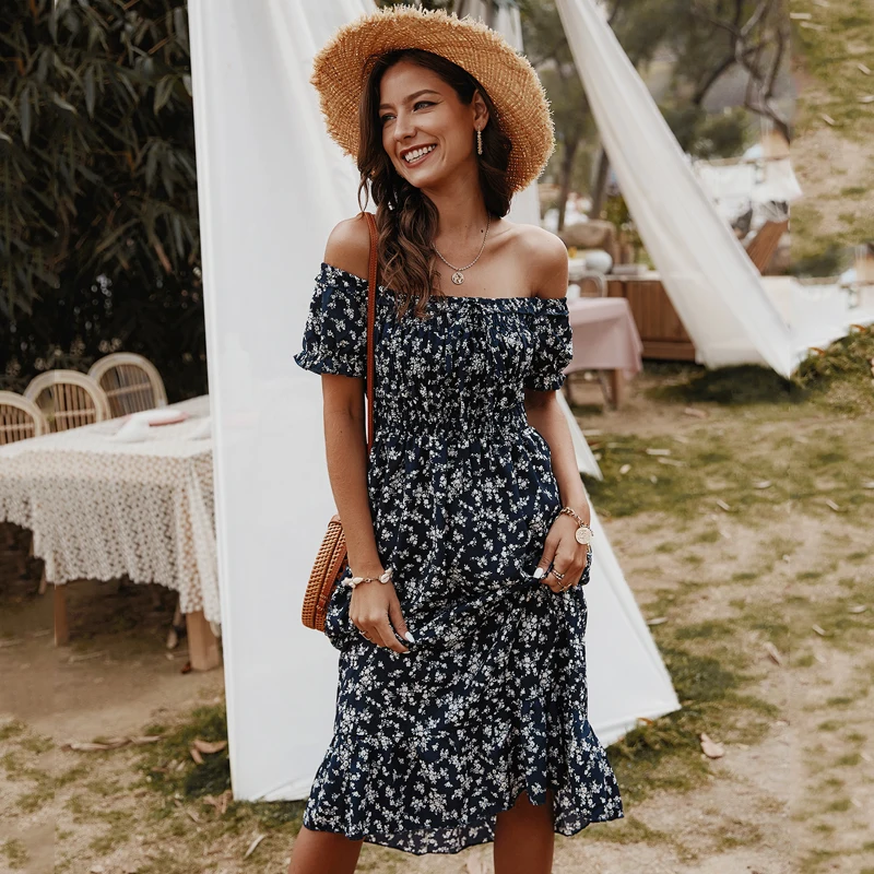 Женское платье с цветочным принтом облегающее миди в стиле бохо вырезом лодочкой