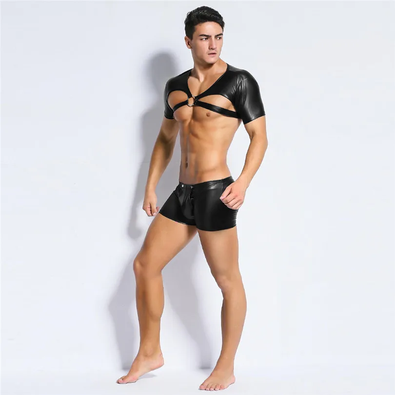 Top and Shorts 2 pcs Men Lingerie Set Sexy Patent Leather Gay Clubwear Hot Erotic Male Waiter Outfit Cosplay Costume 30NOV78