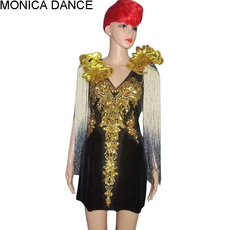 

Женское вельветовое короткое платье, с рукавами-кисточками, сценическая одежда для певцов, костюм для дня рождения, вечевечерние, шоу, блестящие золотые блестки для платья