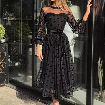

Women Lace Mesh Perspective Polka Dot Dress Spring Ladies Long Sleeve Party Midi Dresses Autumn Sundress Plus Size Black Dress