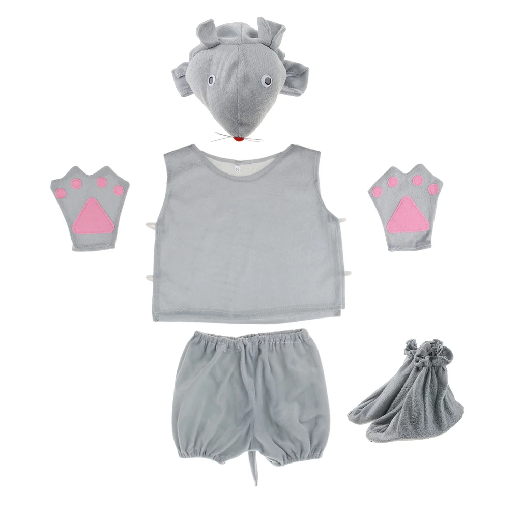 Kids Cartoon Mouse Cute Pajamas Child Funny Sleepwear Nightwear Animal Cosplay Costume 5 Pcs Set Photo Props Gray