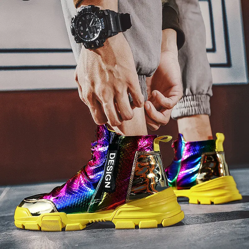 

New Fashion Superstar Style Colorful High top Platform Shoes for Men Club Hip hop Sneakers Men Metal Glitter Zipper Shoes Casual