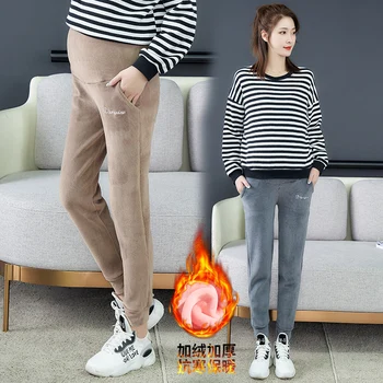 

1024# Winter Velvet Maternity Pants Thick Warm Belly Casual Pants Clothes for Pregnant Women Slim Adjustable Pregnancy Trousers