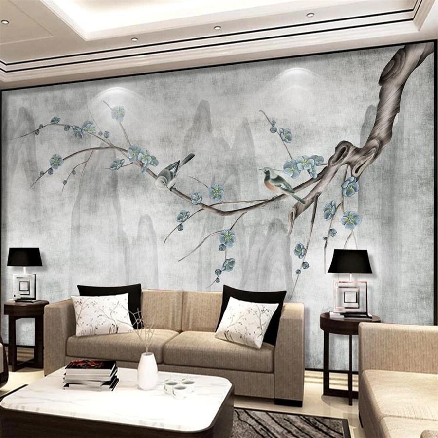 

3d-роспись welyu на заказ в китайском стиле, ручная роспись, синий цветок сливы и птица, фон для телевизора, украшение для гостиной, отеля