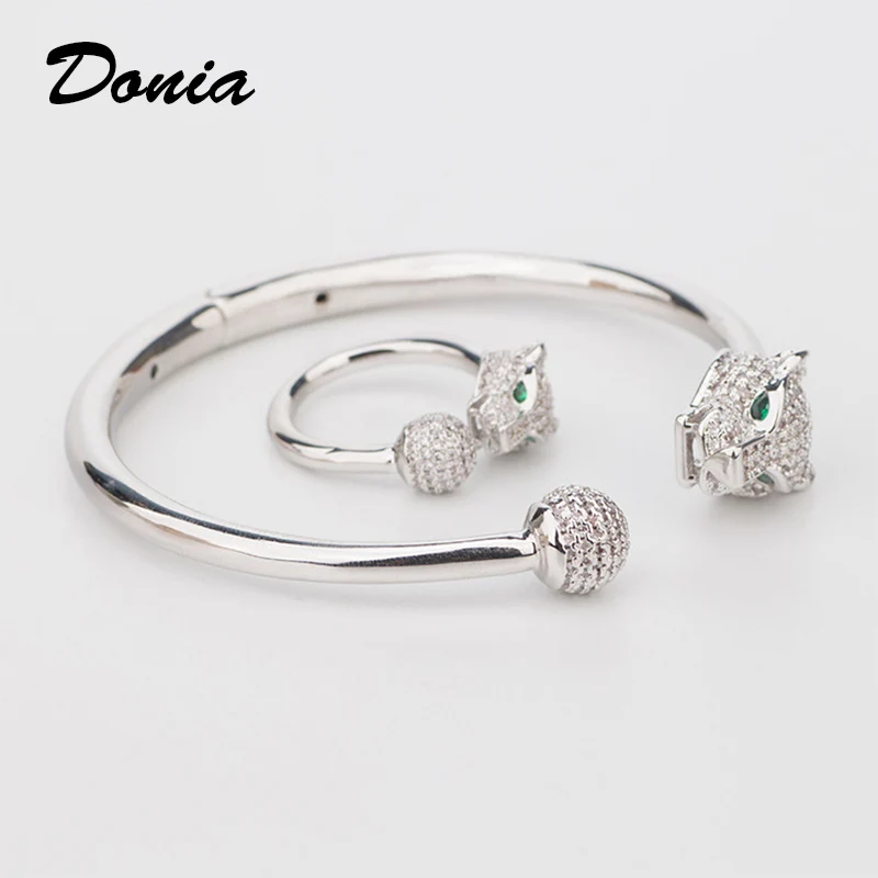 

Donia jewelry Green Eyed Leopard Animal Bracelet Men's Party Jewelry Set Copper Open Cubic Zircon Bracelet Ring Set
