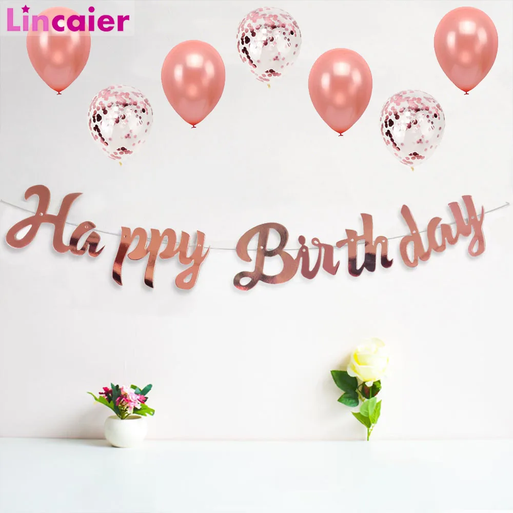 Latex Balloons Banner Happy-Birthday-Party-Decoration Rose-Gold First Baby-Boy-Girl 1-2-3