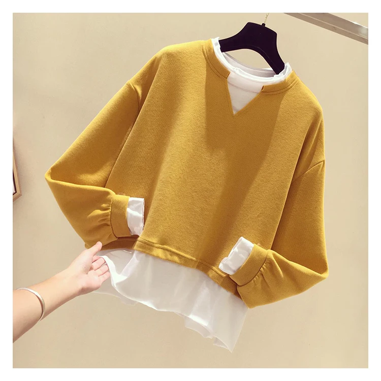 Neploe поддельные две части женские толстовки негабаритных пэчворк женский o-образный Вырез Свободный пуловер с длинными рукавами Повседневная Толстовка Топы 55328