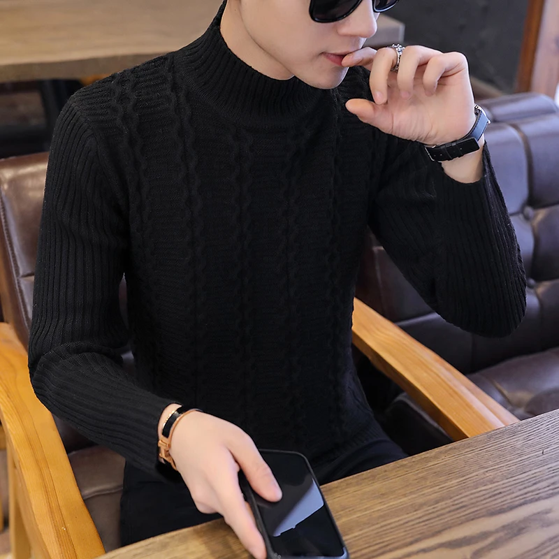 2019 Autumn Men's Sweater Wear Male Clothing Sleeve High Pullover Solid Color Tide Thick Striped Turtleneck Japan Style Black 2019 Autumn Men's Sweater Wear Male Clothing Sleeve High Pullover Solid Color Tide Thick Striped Turtleneck Japan Style Black