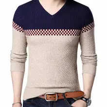 Осень Зима теплые шерстяные свитера повседневные модного цвета, в стиле пэчворк пуловер с v-образным вырезом мужской бренд Slim Fit хлопковый свитер