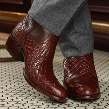 

Men Motorcycle Boots Splicing PU Leather Wood Grain Mid Heel Luxury Brand Male Work Boots Mid Calf Pointed Toe Soft TV853