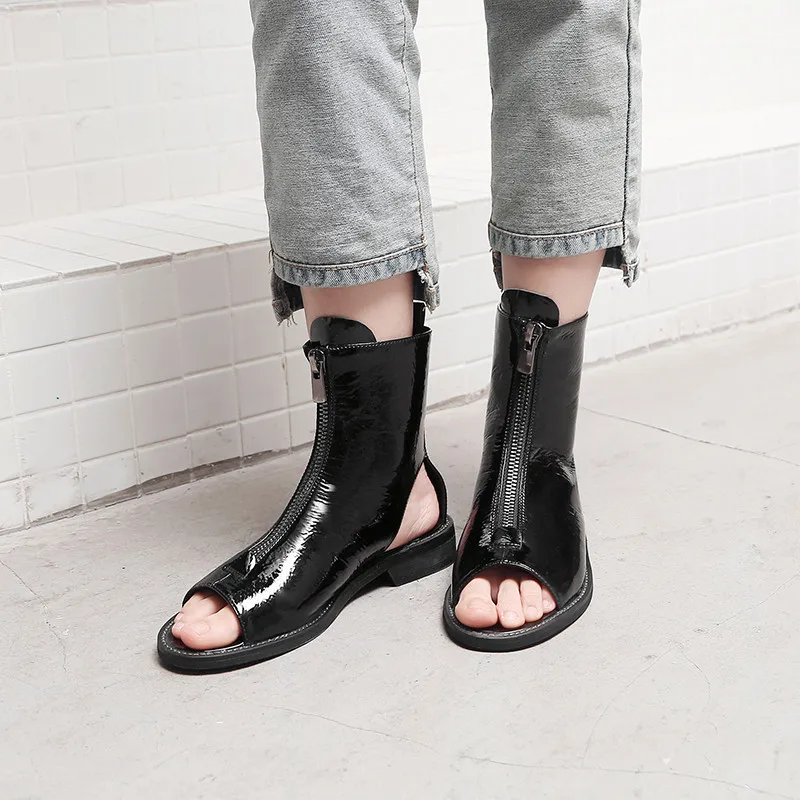 

2019 New Fashion Patent PU Chunky Heels Peep Toe Slingbacks Low Heel Ladies Shoes Summer Gladiator Sandal Ankle Boots