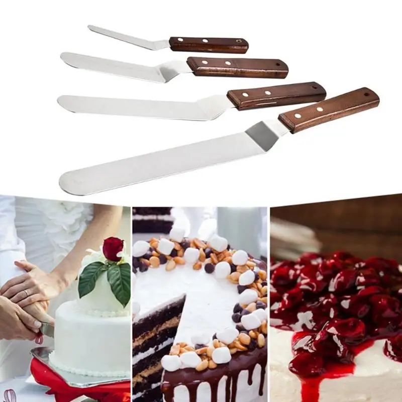  4Pcs Colored Wood Handle Cake Spatulas Stainless Steel Butter Cream Mixing Batter Scraper Shovel Ki