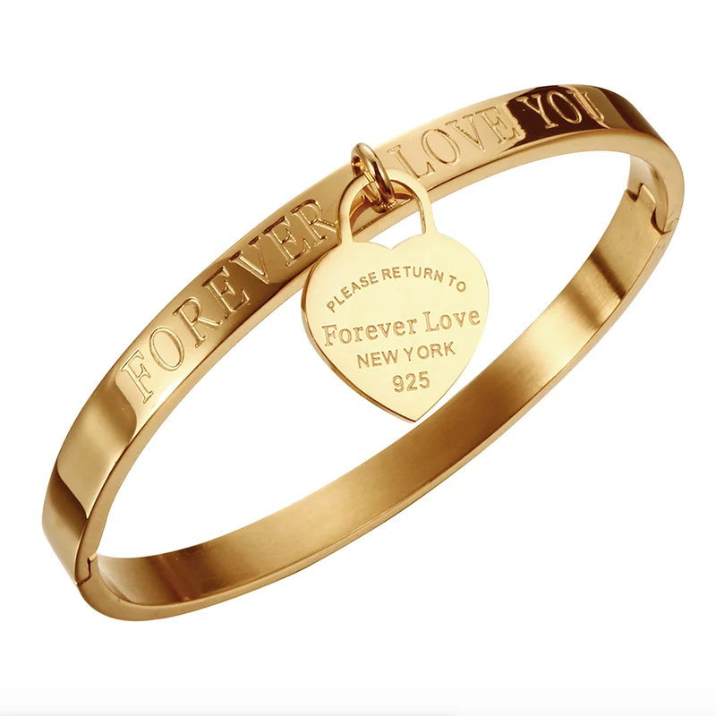 

2019 Rose Gold Color Stainless Steel Bracelet with Heart Trendy Lover Cuff Bracelets Bangles for Woman Pendant Luxury Jewelry