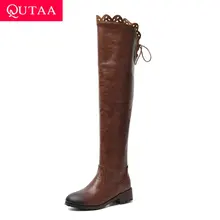 QUTAA/ г. Женские нескользящие зимние ботинки на квадратном каблуке со шнуровкой модные ботфорты из искусственной кожи с круглым носком размеры 34-43