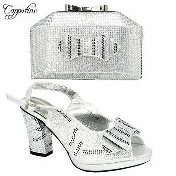 

High Quality Elegant Shoes And Bag Set Hot Sale Silver Rhinestone Square Heels Shoes And Bag Set For Wedding Size 37-42
