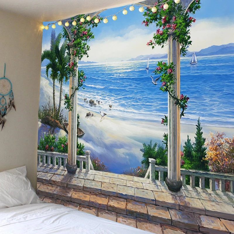 Seaside castle scenery beautiful beach background tapestry digital printing factory direct sales can be customized
