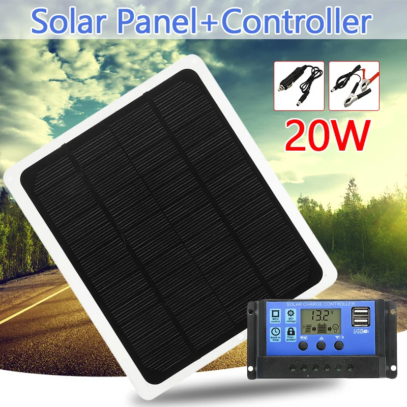 20 Вт 12 в двойной выход солнечная панель с автомобильным зарядным устройством+ 10/20/30/40/50A USB контроллер солнечного зарядного устройства для наружного кемпинга светодиодный светильник