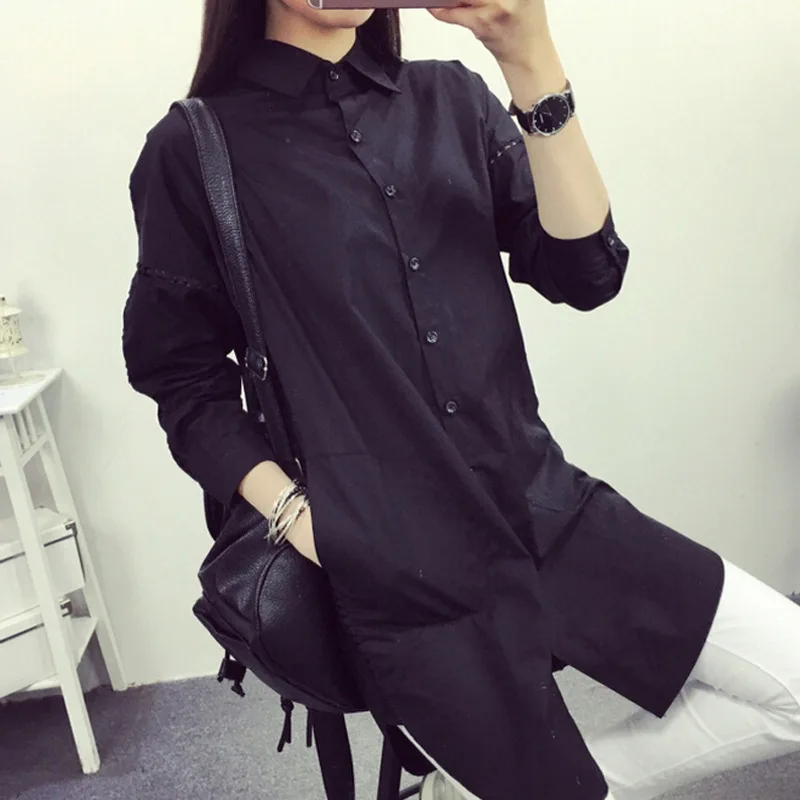 [EWQ] Spring Summer New Pattern Lapel Long Sleeve Solid Patchwork Single Breasted Hollow Out Casual Shirt Women AG81501