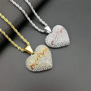 

2020 New Designs Stainless Steel Rhinestone Heart Pendant Necklaces For Men Hip Hop Jewelry Wholesale Red Heartbeat Necklace