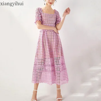 

Puff Sleeve Sexy Square Collar Women Purple Lace Dress High Street Fashion Elegant Midi Dresses Vestidos with High Waist Summer