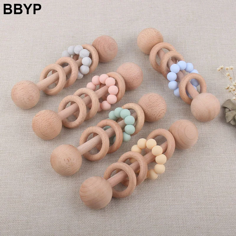 

1pc Baby Rattles Beech Wooden Ring Teething Toys Food Grade Silicone Beads Baby Teethers Montessori Play Gym Rattles