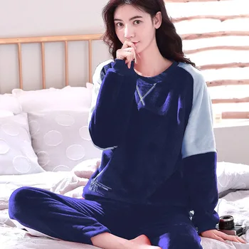 

Winter Women's Pajamas Sets Thick Warm Coral Velvet Sleepwear Suit Round Neck Long Sleeves Nightwear Pijamas Suit Female