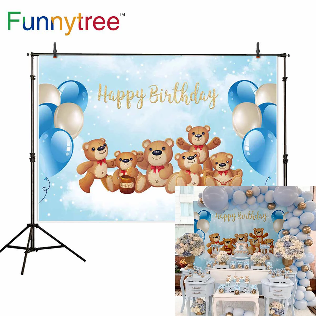 Funnytree фотозона шар облако красочный мультфильм Медведь 1-й День рождения фон для фотостудии фотосессия Фотофон