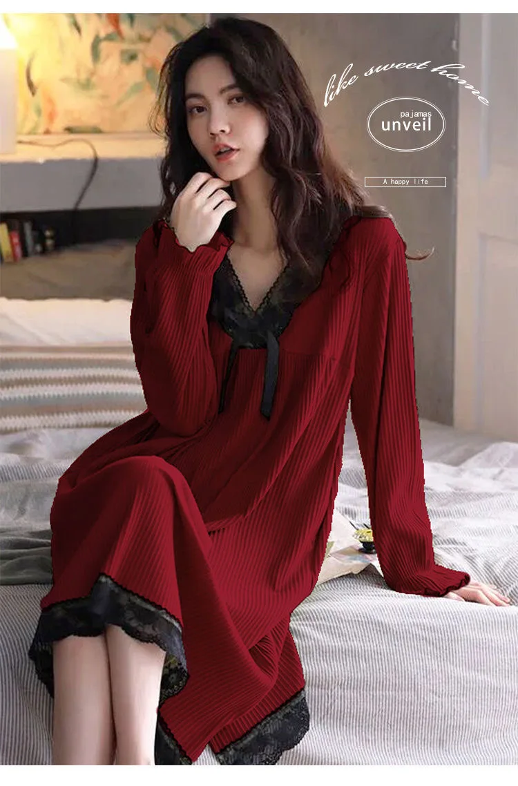 Fdfklak Sexy Spitze Frühling Herbst Nacht Kleid Frauen Neue Baumwolle Warme Nachtwäsche Nachthemd Langarm Lose ladys Nachthemd 3XL – Detail 1