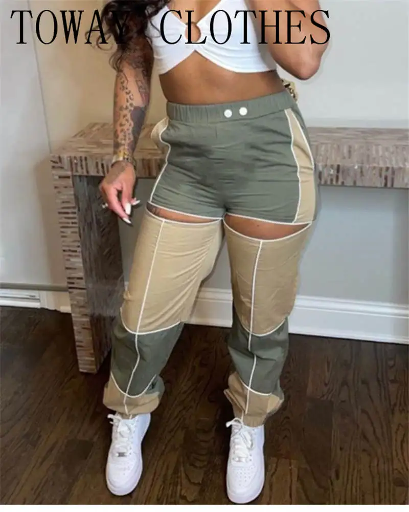 

Cutout Colorblock Floral Print Cropper Pants Casual Pants for Women 2021