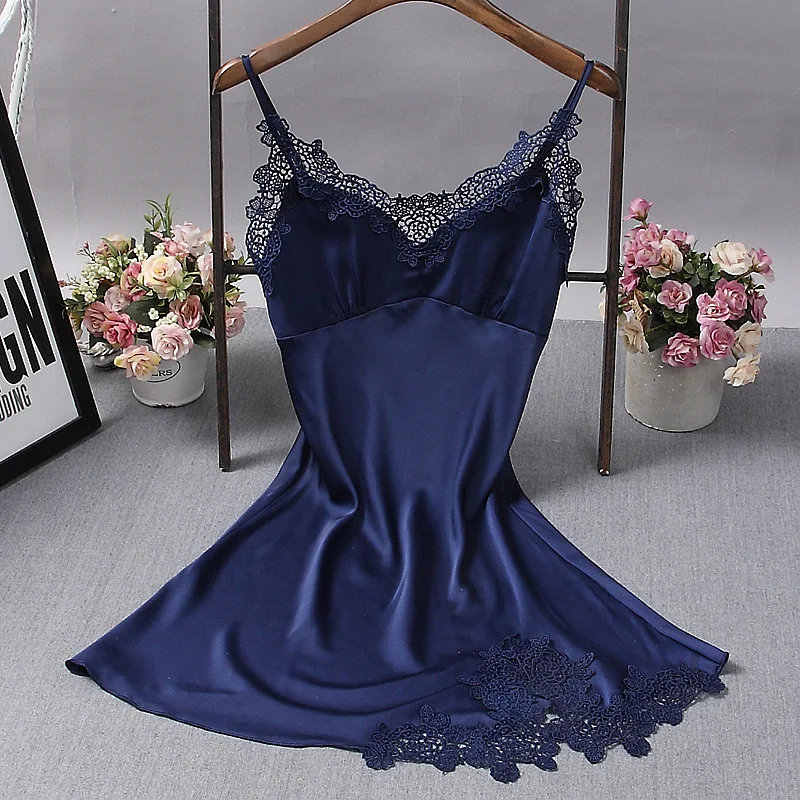 

Ladies Sexy Silk Satin Nightdress Lace Nightgown Sleeveless Nighties V-neck Sleepshirt Backless Night Wear Sleep Wear For Women