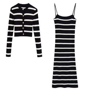 

2020 new summer women two piece set knitted cardigan striped & strap slim fit long dress ensemble femme chandal mujer