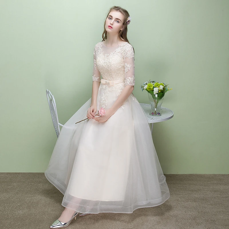 Легкий кремовый цвет с прозрачным вырезом и кружевом Vestidos De Festa, длина до щиколотки, а-силуэт, платья подружки невесты с коротким рукавом, новые свадебные праздничные платья