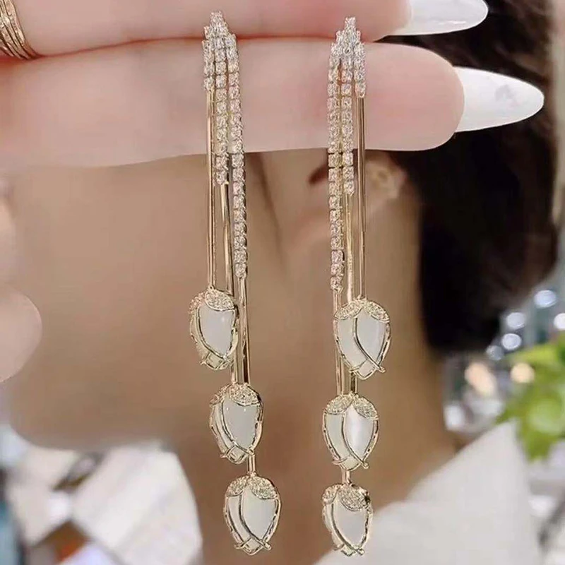 Waliicorners Tassel Dangle Earrings for Women Flower Design with Simulated Moonstone Graceful Female Ear Accessories New 12 Hb38d454ae3af4dcaa93637caa0f497d9X