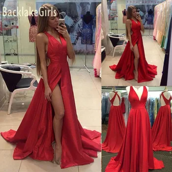 

BacklakeGirs New Autumn Sexy V Neck High Split Side Satin Evening Dress 2019 Sleeveless Solid Color Elegant Ladies Dress