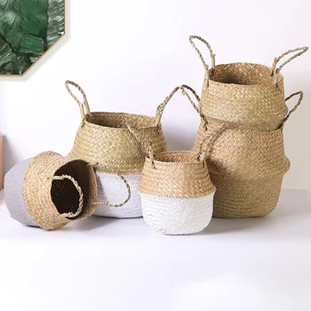 

Seagrass Wickerwork Basket Rattan Flower Pot Laundry Hamper Storage Straw Basket can CSV
