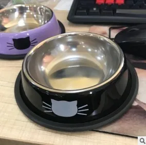 1Pcs Dog Cat Food Bowls Supplies Pet Feeding Drinking Tools Steel Pet Bowl Stainless Water Dogs Cats Bowls Anti-skid Pets - Цвет: Черный