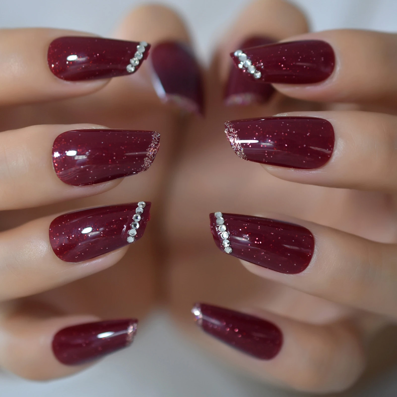 Dark Red Glossy Fake Nails Lipstick Shape Shimmer False Nail Tips Medium Length With Rhinestone Press On Nails False Nails Aliexpress