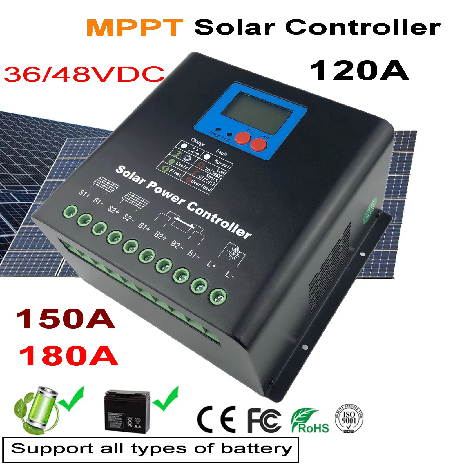 120A 150A 180A MPPT 솔라 충전 컨트롤러 배터리 레귤레이터 100% 충분한 120A 1 48V 36V pv 솔라 패널 mppt 컨트롤러