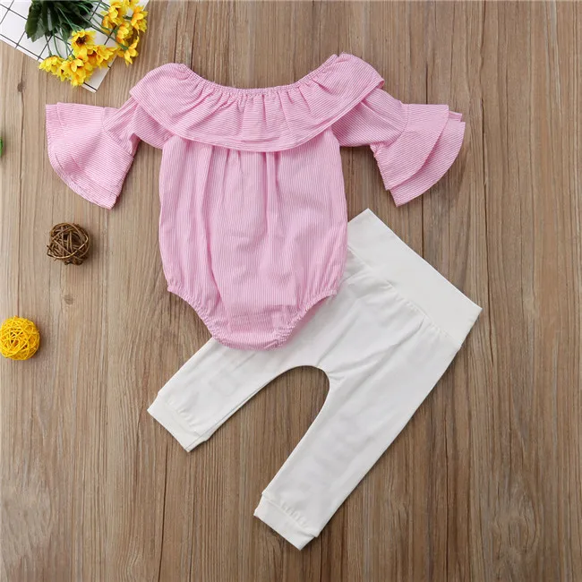 2PCS Baby Girls Clothing Set Girls Off Shoulder Romper +White Ripped Jeans Pants Infant Pink Outfits Newborn Clothes Sets