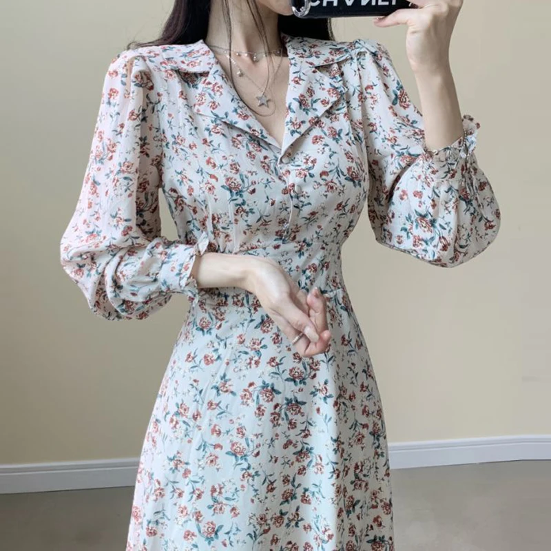 

Puff Long Sleeve Flower Dress Chiffon Vestido Midi a Line Elegant Bohemian Spring Korean Summer Beach Green Button Vestiti Donn