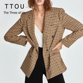 

2019 Fashion Plaid Women Blazer Coat Retro Button Lattice Suit Jacket with Shoulder Pads Jacket Blazer Female Casual Coats