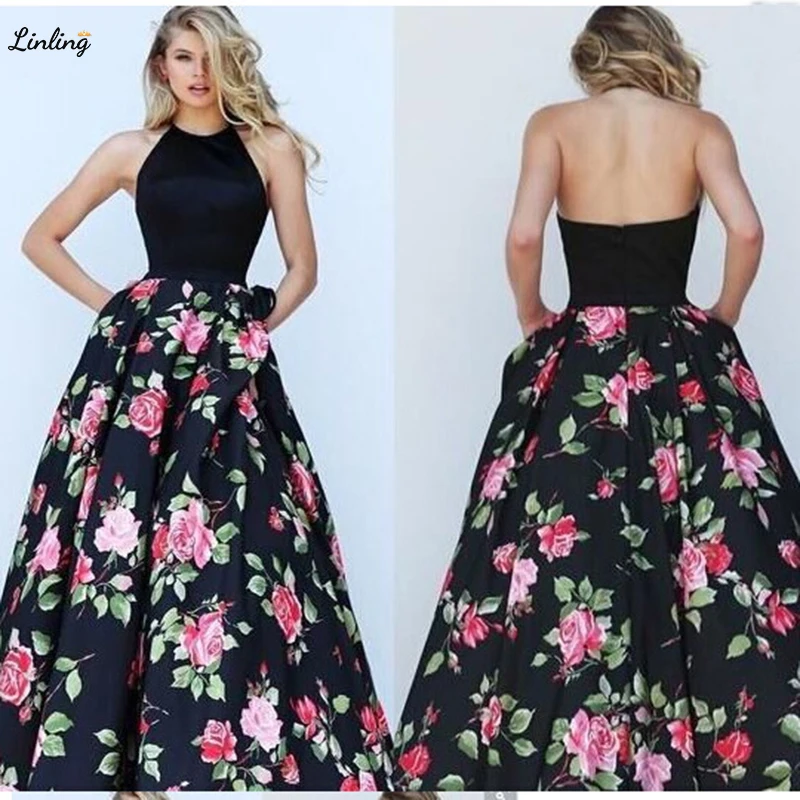 

LINLING Max Floral Print Formal Evening Dresses Sexy Long Halter Sleeveless Open Back Party Gown For Ladies sukienki wizytowe