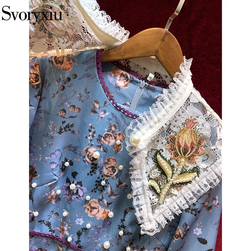Svoryxiu Подиум высокого класса осенние вечерние винтажные платья женские элегантные жемчужные кружева вышивка съемный воротник короткое платье с принтом