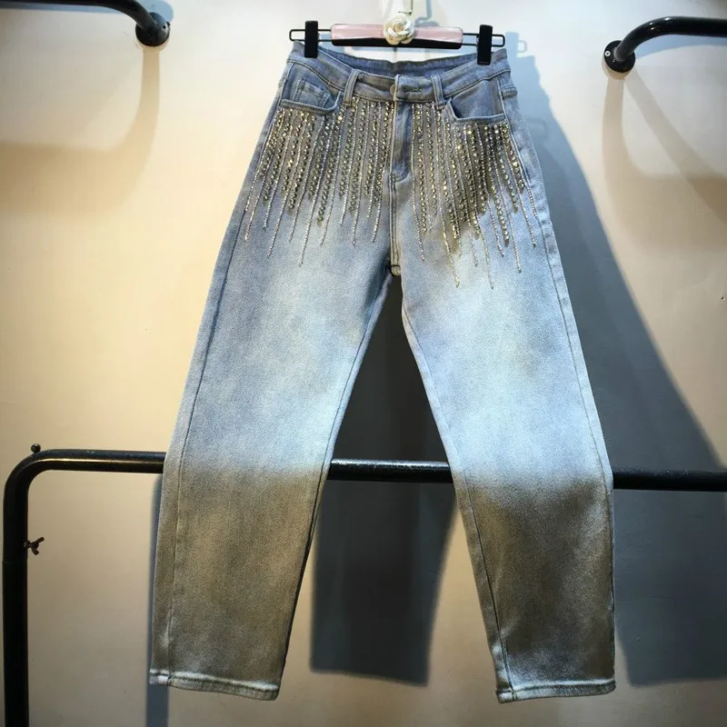 

Women Loose Jeans Pants Industrial Diamond Beads High-waisted Elasticity Straight-Cut Jeans Women's Cool Cowboy Pants Girls Jean