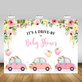 

It's A Drive-by Baby Shower Photography Backdrop Photo Studio Parade Car Newborn Girl Portrait Background Flowers Dots Balloons