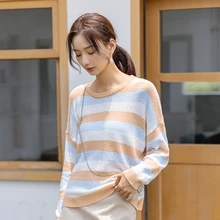 Корейский стиль женский свитер осенний ленивый Радужный полосатый свободный милый пуловер с длинными рукавами вязаный свитер женский круглый вырез женский