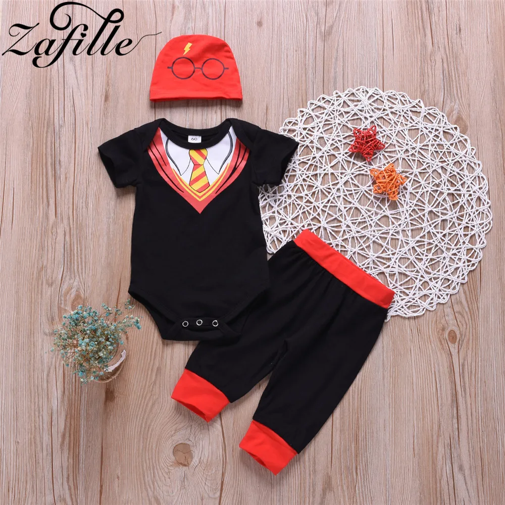 

ZAFILLE Baby Boy Clothes Set 3Pcs Short Sleeve Print Romper+Pants+Hat Outfits For Newborn Infant Kids Clothes Toddler Boys Suits