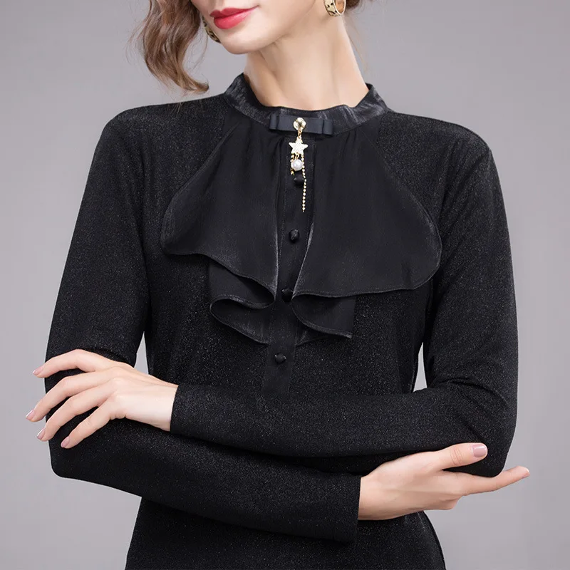 MEVGOHOT/Женская Осенняя футболка с длинными рукавами и черными оборками, эластичная футболка с бабочкой, женские Украшения, универсальные базовые Топы, HD2266