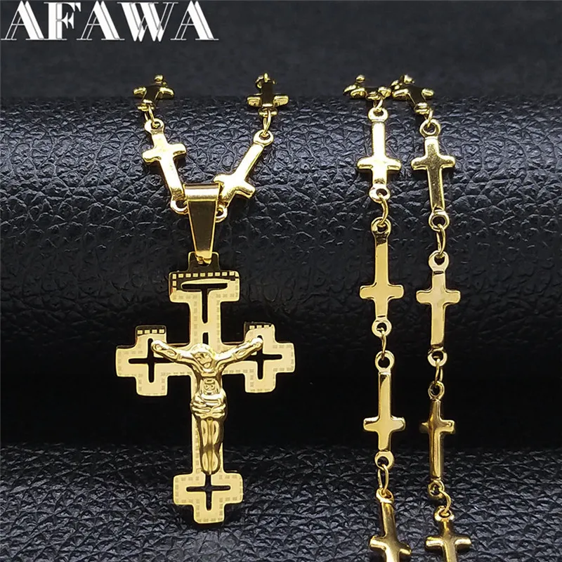 Christian Cross Jesus Collana In Acciaio Inossidabile Per Donna/Uomo Colore Oro Crocifisso Rosario Catena Gioielli Rosario Hombre N7237S02